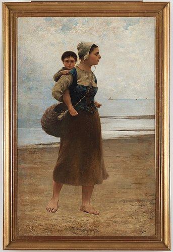 Fisherwoman with child on a beach by 
																			August Hagborg