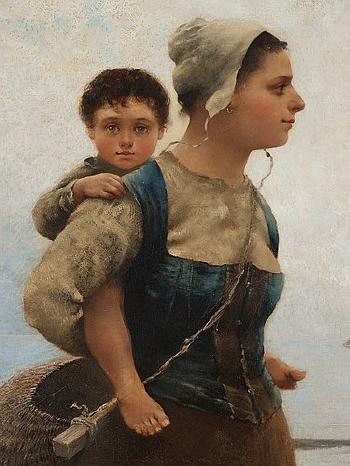 Fisherwoman with child on a beach by 
																			August Hagborg
