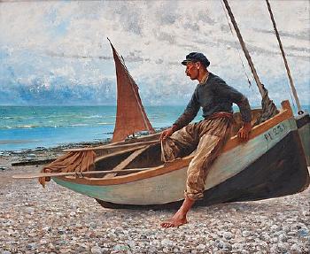 French coastal landscape with fisherman by 
																			August Hagborg