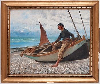 French coastal landscape with fisherman by 
																			August Hagborg