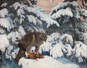 Northern goshawk with prey by 
																			Bruno Liljefors