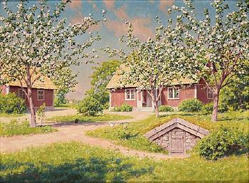 Sunny landscape with red cottage by 
																			Johan Frederik Krouthen