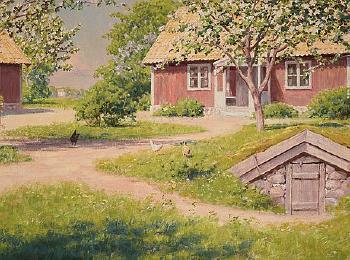 Sunny landscape with red cottage by 
																			Johan Frederik Krouthen
