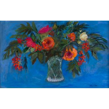 Roses And Rowan Berries On A Blue Ground by 
																			Ann Oram