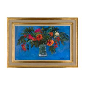 Roses And Rowan Berries On A Blue Ground by 
																			Ann Oram