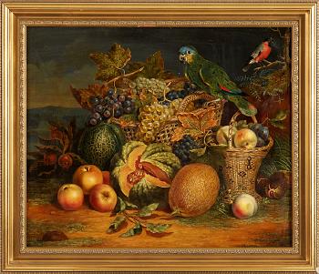 Still life with birds and fruits by 
																			Anton Friedrich Harms