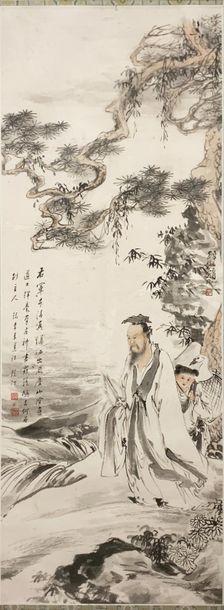Paysage animé de personnages et une calligraphie by 
																	 Hu Cao