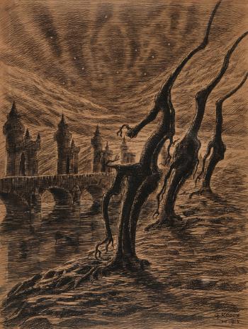 Paysage fantastique aux trois arbres et pont aux quatre tours by 
																	Gaston Redon