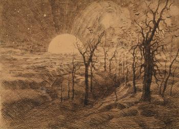 Vision au soleil couchant, ciel tourmenté, vol d’oiseaux et arbres morts by 
																	Gaston Redon