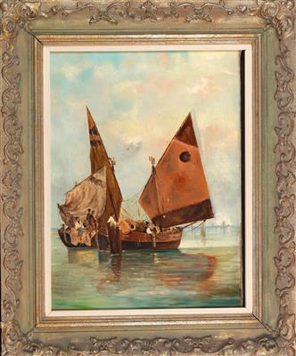 Boat with Sails Set and Moored in the Lagoon by 
																			Leo von Littrow