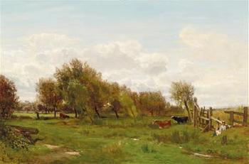Landscape with Cows and Herdsman Resting by 
																			Emile Lambinet
