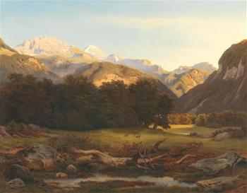 Setting Sun over a Mountain Landscape with Deer in the foreground by 
																			Leopold Heinrich Voscher