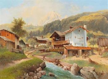 Mountain Village by a Stream by 
																			Carl Haunold