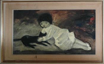 A girl with black cat by 
																			Irving Amen