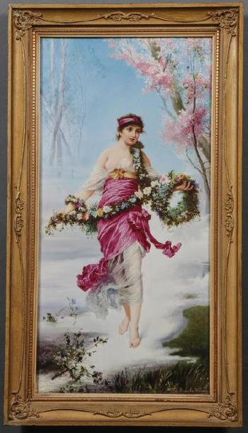 A large and impressive hand painted porcelain plaque depicting a maiden allegory of spring by 
																			Josef Zasche
