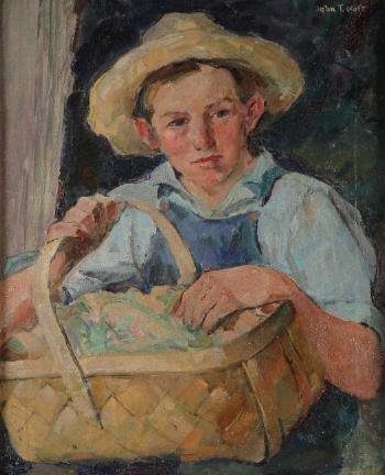 Farm boy in a straw hat with basket of produce by 
																			John Thomas Nolf