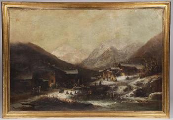 A winter Alpine village scene with children skating and sledding by 
																			Anton Doll