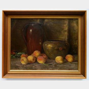 Brass vase and peaches by 
																			Adam Lehr