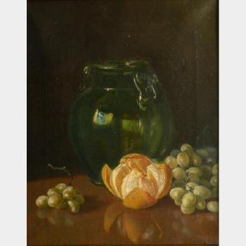 Still-life with green vase and fruit by 
																			Adam Lehr