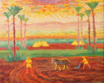 Plowing the fields at sunset by 
																			Argye Leo Peysack