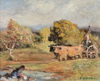 Charrette et lavandière dans un paysage by 
																	Fernand Maillaud
