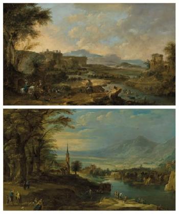 A Mountainous River Landscape With Boaters, Fishermen And a Fortune Teller; And A Mountainous River Landscape With a Hunting Party by 
																	Francesco Guardi
