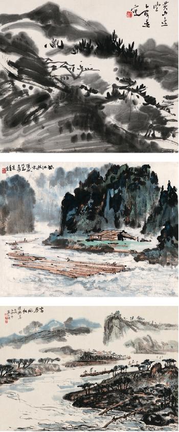Rafts On River; Mount Huang; Boats Sailing Off by 
																	 Wang Kangle