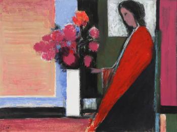 Woman in Red with Flowers by 
																			Jose Canes