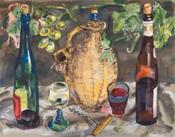 Stillleben Mit Obstkorb, Stillleben Mit Weinflaschen by 
																	Friedrich Kunitzer