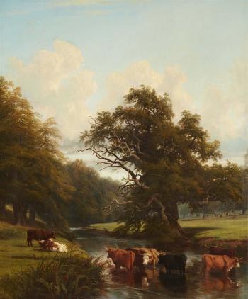 River Landscape with a Herd of Cattle by 
																	Thomas Baker of Leamington