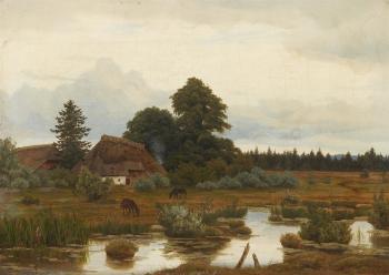 Farmstead with Horses by a Pond by 
																	Anton Zwengauer