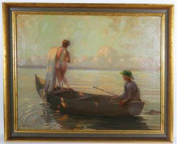 Ruderboot mit nackter Frau und Dame mit Hut by 
																			Alfred Naegeli