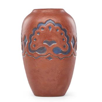 Vase with oak trees by 
																			 California Faience Pottery