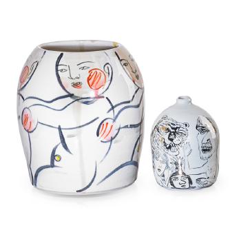 Vases with figures and tiger by 
																			Akio Takamori