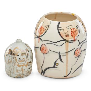 Vases with figures and tiger by 
																			Akio Takamori