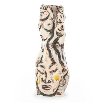 Tall vessel with faces and nude figures by 
																			Akio Takamori