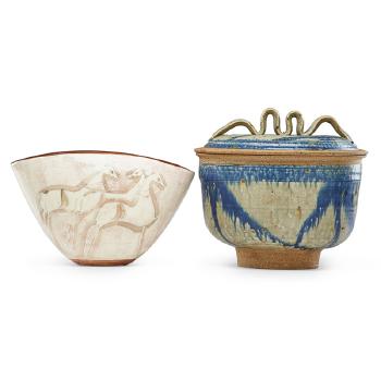 Lidded vessel and folded bowl with horses by 
																			Polia Pillin
