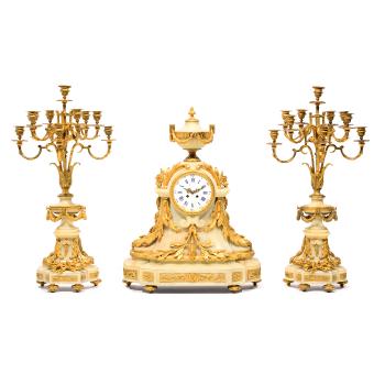 A French Gilt-bronze And White Onyx Three-pieces Clock Garniture by 
																	 Raingo Brothers