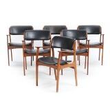 Six rosewood armchairs, seat and back upholstered with original black leather. Model OD 50 by 
																			 Oddense Maskinsnedkeri