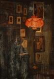 Interior with a woman reading in the glow of the lamp by 
																			Kristian Zahrtmann