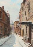 Townscape with people walking on a snow-covered street by 
																			Jan Rawicz