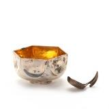 Hexagonal shaped sterling silver bowl with gilded interior. Matching spoon with hinged handle by 
																			 Hans Hansen Silver