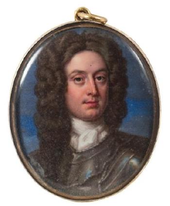 A miniature enamel portrait of a nobleman,- head and shoulder, with long dark wig and wearing armour by 
																	Christian Friedrich Zincke