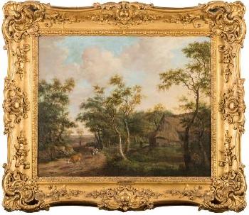 Figures and cattle on a woodland path, a farmstead beyond by 
																	Patrick Nasmyth