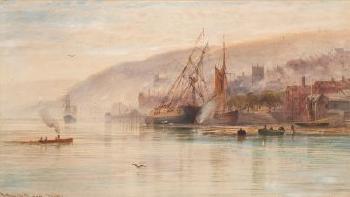 Dartmouth; ships aground for caulking, motor launch in the foreground, a town beyond by 
																	Arthur Henry Enock