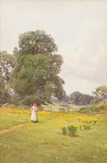 A rural scene, figure on a path in the foreground by 
																	Ethel Hughes