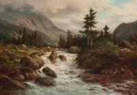 Figure and goats by waterfall in a landscape by 
																	Joseph John Englehart