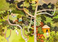 Palenque, Mexican village through trees with figures by 
																	Milford Zornes