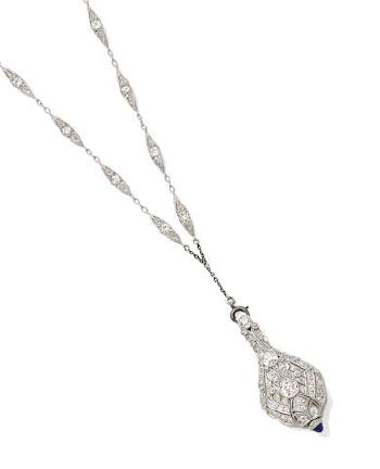 A Diamond And Platinum Pendant Watch With Chain by 
																	 Waltham Watch Company