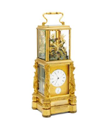 A Rare French Gilt-Brass Striking And Repeating Center Seconds Carriage Clock With Singing Bird Automaton by 
																	 Japy Freres